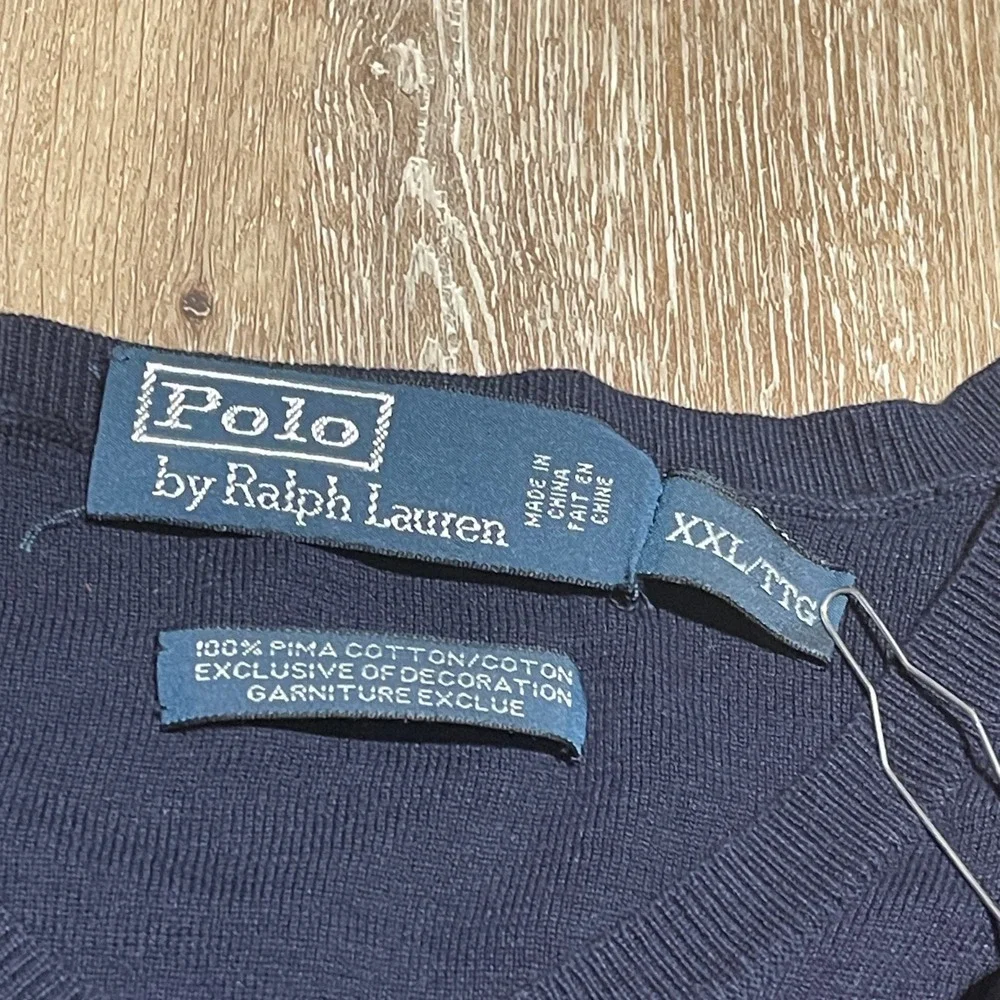 Polo Ralph Lauren XXL Pima Cotton V-Neck Sweater Men Navy Blue Red Logo Pony EUC